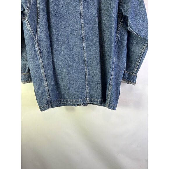 Vintage 90s Leather Collar Denim Jean Trucker Jacket Barn Chore Coat - Picture 9 of 13